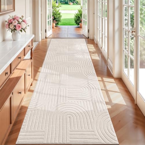 SHACOS Soft Cozy Fluffy Arch High Low Pile Runner Rugs 3x10 ft Non Slip Washable Scandinavian Minimalist Area Rug Runner Modern Carpet for Living Room Hallway Bedroom Bathroom Kitchen, Beige - color: Beige, size: 3' x 10'