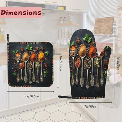 Cooking Herbs Spices Heat-Resistant Silicone Oven Mitts and Pot Holders 4 Piece Set,Extra Long Non-Slip Kitchen Oven Gloves for Cooking, Baking, BBQ,Grilling - color: Cooking Herbs Spices