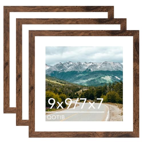 9x9 Picture Frame with 7x7 Mat Deep Brown, Display 7x7 with Mat or 9x9 Without Mat, Wood 9 by 9 Photo Frame, 9 x 9 Frame for Wall Hanging and Tabletop Display, Deep Brown, 3 Pack - size: 9x9 inch