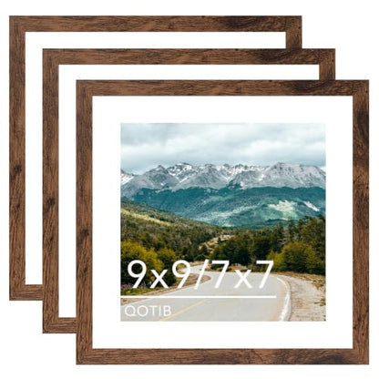 9x9 Picture Frame with 7x7 Mat Deep Brown, Display 7x7 with Mat or 9x9 Without Mat, Wood 9 by 9 Photo Frame, 9 x 9 Frame for Wall Hanging and Tabletop Display, Deep Brown, 3 Pack - size: 9x9 inch