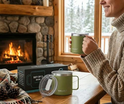 CHILLOUT LIFE Stainless Steel 16 oz (Set of 2) Vacuum Insulated Coffee Mug with Handle and Lid, Large Thermal Camping Coffee Mugs with Sliding Lid for Men & Women - color: Army Green, size: 16 Ounces - 2 Pack