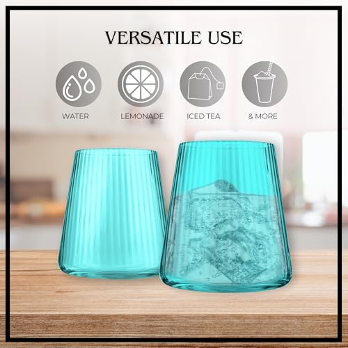ARTLAND Soho Optic 14.5 oz Double Old Fashion Glass, Set of 4 - Whiskey, Cocktail, Rocks, Barware Drinking Glasses - Elegant Design, Durable Construction, Versatile Use, Dishwasher Safe (Turquoise) - color: Light Turquoise, style: Double Old Fashion Glass