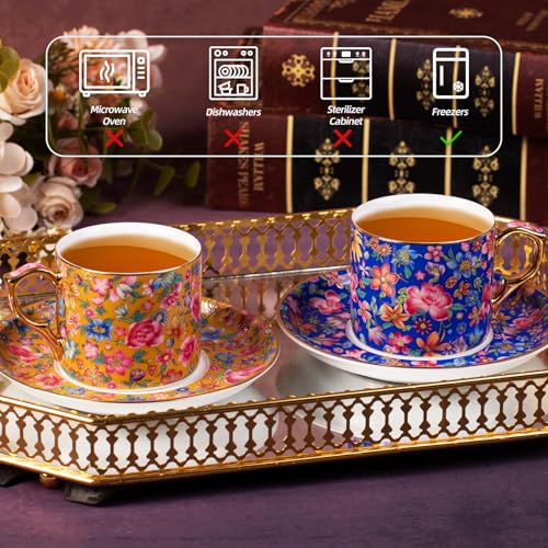 KAMMAK Tea Cup and Saucer, Ceramic Coffee Cups, 6 oz, Set of 2 | Porcelain Tea Cups with Saucers for Coffee and Cappuccino, Ideal for Breakfast, Afternoon Tea and Entertaining,649+650N - style: 649N+650N
