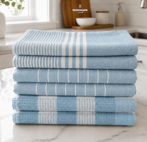 CSL Premium Kitchen Towels Set of 6,Highly Absorbent,Quick Dry,18x28, Aqua | Premium, Absorbent and Soft Feel, Quick-Drying, Doubles as a Tea Towel, Hanging Loop, Great Everyday Value - color: Aqua - Waffle, size: 6 Pack