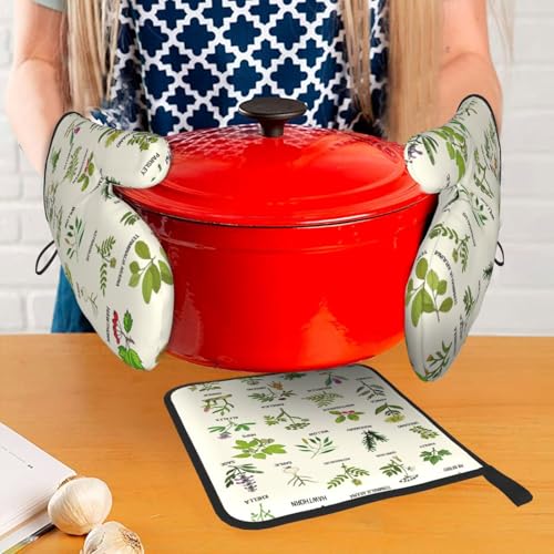 Cute Herbs Botanic Garden Plants Oven Mitts and Pot Holders Sets Heat Resistant for Kitchen BBQ Microwave Baking Grilling Cooks Set of 3 Kitchen Oven Glove - color: Cute Herbs