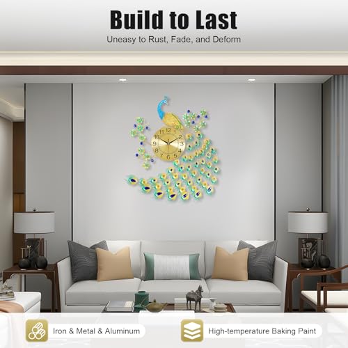 Large Peacock Wall Clock, 27.5" Luxury 3D Wall Clock Non-Ticking Silent Gold Metal Decorative Wall Clock Art Digital Wall Decor for Living Room Bedroom Office - size: 25.59*27.56in