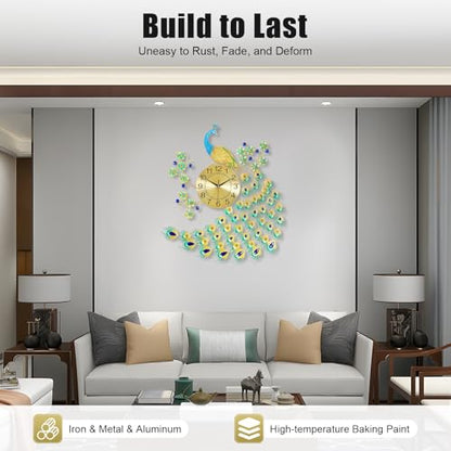 Large Peacock Wall Clock, 27.5" Luxury 3D Wall Clock Non-Ticking Silent Gold Metal Decorative Wall Clock Art Digital Wall Decor for Living Room Bedroom Office - size: 25.59*27.56in