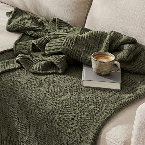 EVERGRACEHOME Modern Checkered Chenille Throw Blanket, 60x80, Olive Green | Lightweight Warmth, All-Season Breathability, OEKO-TEX certified, Timeless Grid Pattern, Farmhouse Throw for Couch, Bed, Sofa - color: Olive Green, size: 60" X 80"