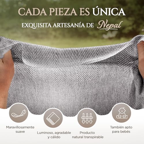 Cashmere Blanket – Hand Woven 100% Pure Wool Throw Blanket, 135 x 270 cm – Fine Herringbone Pattern Cozy, and Soft Blanket for Bed, Sofa, or Couch - Made in Nepal - color: Grey