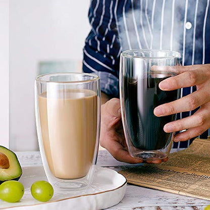CNGLASS Double Wall Thermo Glass Coffee Cup 13.5 oz,Clear Insulated Glass Coffee Mug for Latte Cappuccino Tea Milk,Set of 4 - color: 13.5oz(4-pack)