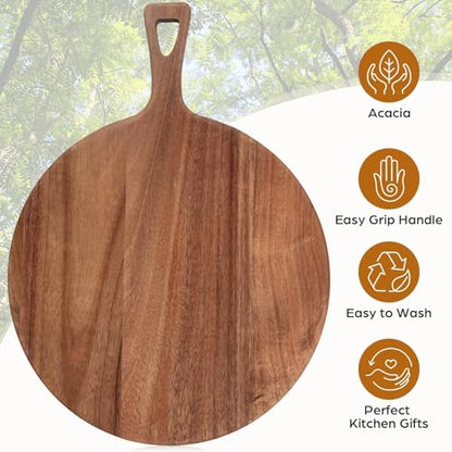 16.9 x 12.6 Inch Large Acacia Wood Cutting Board with Handle Large Round Wooden Cutting Boards Cutting Serving Board for Kitchen Meat Bread Cheese Pizza Vegetables Board Wedding Housewarming Gift - color: Large Acacia Wood, size: 16.9 x 12.6 Inch
