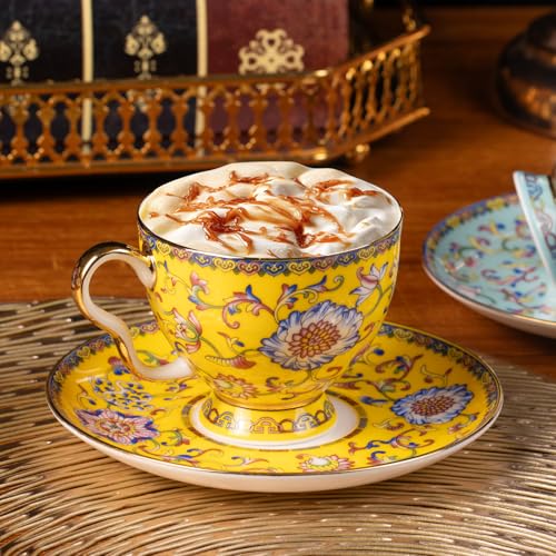 KAMMAK Tea Cup and Saucer, Ceramic Coffee Cups, 7.4 oz, Set of 2 | Porcelain Tea Cups with Saucers for Coffee and Cappuccino, Ideal for Breakfast, Afternoon Tea and Entertaining,940+941N - style: 641N+642N