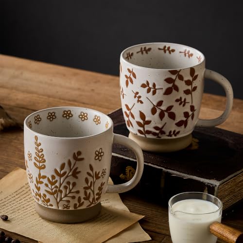 18 Oz Large Ceramic Coffee Mug Set of 2 - Rustic Handmade Floral Mugs with Handle, Microwave Safe for Latte Espresso Cappuccino Tea Cocoa Milk, Modern Unique Big Cups for Kitchen Women(Caramel Brown) - color: Caramel Brown