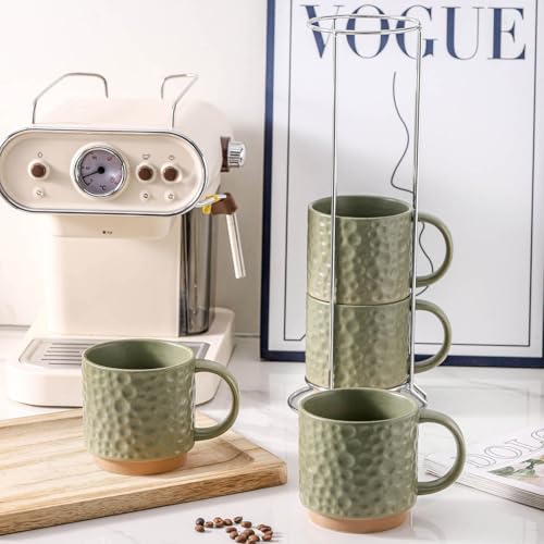 Nihow 16 Oz Ceramic Coffee Mug Set of 4 with Stackable Stand,Matte Green | Stackable, Stainless Stand Included, Cappuccino & Tea, Hot/Cold Drinks, Dishwasher & Microwave Safe - color: Matte Green, size: 16 oz With Stand