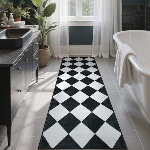 Beeiva Checkered Print Black Bathroom Runner Rug 2x6, Washable Ultra Thin Non Slip Laundry Room Rug Moroccan Stain Resistant Kitchen Runner, Modern Trellis Carpet for Hallway Bedroom Entryway Decor - color: Black/Grey, size: 2' x 6' (Rectangular)