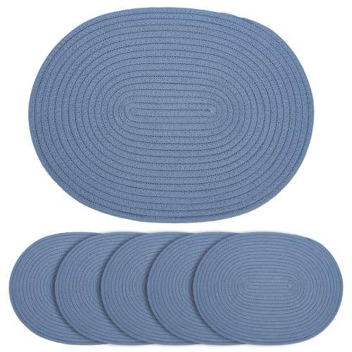 Oval Woven Cotton Placemats Set of 6, Thick Braided Rope Table Mats, 17 x 13 Inches Large Non Slip Heat Resistant Place Mats for Dining Table, Farmhouse Boho Hot Pads for Kitchen Decor (6, Blue) - color: Blue