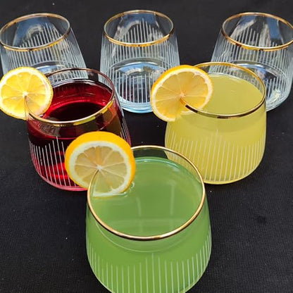 Gold Rim Cocktail Wine Whiskey Drinking Glasses Set of 6 Glassware Rimmed Trim Crystal Cups Juice Water Drinkware Drinks Bar Fancy Party Wedding Vertical Striped - color: Gold 2