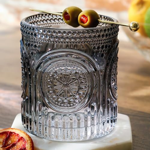 Ribbed Retro Arch Floral Smoke Grey Drinking Glasses Set of 6, (10 oz) Vintage Glassware Set by Kate Aspen| Cocktail Glass Set, Juice Glass, Water Cups | Hostess Gift & Present for New Home Owners - color: Smoke Grey