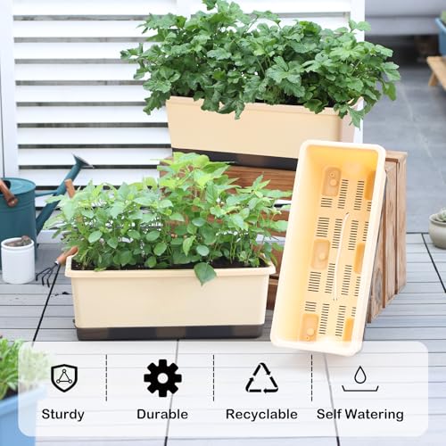 Window Box Planter 8 Pcs, 17 Inches Rectangle Flower Pots with Drainage Holes & Trays, Vegetable Planters for Windowsill Patio Garden Balcony Home Indoor Outdoor (Barley Yellow, 16 * 7 * 6 inch) - color: Barley Yellow