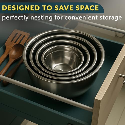 Stainless Steel Mixing Bowls with Lids Set of 5, Nesting Metal, 0.5-5 Qt | Mirror-finish interior, dishwasher safe & BPA-free; stack for food prep, cooking, storage & serving - size: Set of 5