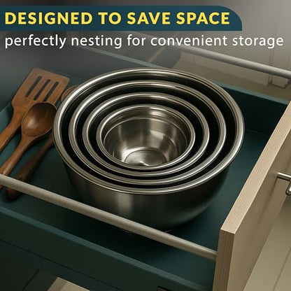 Stainless Steel Mixing Bowls with Lids Set of 5, Nesting Metal, 0.5-5 Qt | Mirror-finish interior, dishwasher safe & BPA-free; stack for food prep, cooking, storage & serving - size: Set of 5