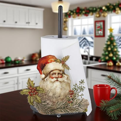 Christmas Paper Towel Holder Retro Santa Countertop Kitchen Decor and Accessories Black Metal Farmhouse Large Tissue Stand Gifts for Christmas Party, 3D Hand Painting Pattern, Weighted Base - style: Retro Santa