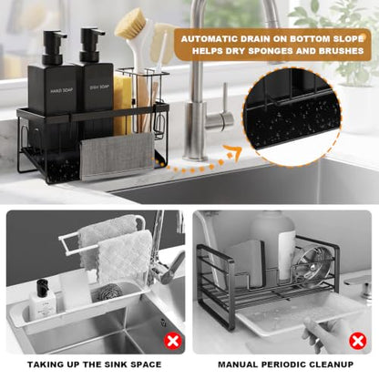 GMISUN Dish Soap Dispenser, 12 fl oz / 350 ml Dual Kitchen Soap Dispensers with Sponge Holder, Customized Matte Black Kitchen Soap Dispenser Set, Modern Hand and Dish Soap Bottle Set Removable - color: Black Bottle + Black Rack