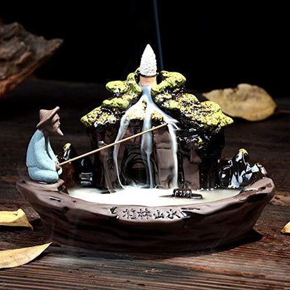 Guilin Landscape Backflow Incense Burner Incense Cone Sticks Holder Porcelain Handmade Beautiful Scene Prefect Gift for Aromatherapy Ornament Home and Office Decor