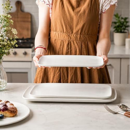 White Serving Platters Set of 3, Rectangular 15.5/13.5/11 Inch Serving Dishes for Entertaining, Ceramic Serving Trays for Party, Sushi, Steak & Dessert，Microwave & Dishwasher Safe - size: 15.5/13.5/11Inch Set