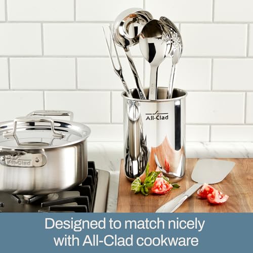 All-Clad 5-Piece Stainless Steel Kitchen Utensil Set – Includes Ladle, Solid Spoon, Slotted Spoon, Turner & Storage Caddy – Heavy-Gauge, Ergonomic, Dishwasher Safe, Silver (Pack of 2) - size: 5-Piece (Pack of 2)