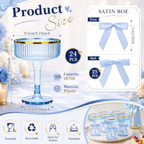 Mifoci 24 Sets 10oz Plastic Martini Coupe Cup with Bow Wine Charm Champagne Tower Cup With Gold Rim Cocktail Glasses for Wedding Bachelorette Birthday Outdoor Party Bar