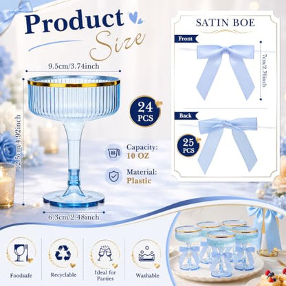 Mifoci 24 Sets 10oz Plastic Martini Coupe Cup with Bow Wine Charm Champagne Tower Cup With Gold Rim Cocktail Glasses for Wedding Bachelorette Birthday Outdoor Party Bar