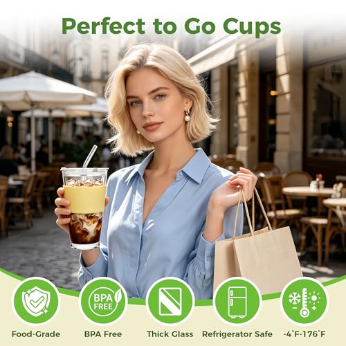Birity 16oz Glass Cup with Lid and Glass Straw,Set of 2 Thickened Glass Coffee Tumblers with Silicone Sleeve,Reusable Iced Coffee Cups for Smoothie、Soda Water、Juice、MilkSshake、Travel Cup - color: 16 oz 2 pack