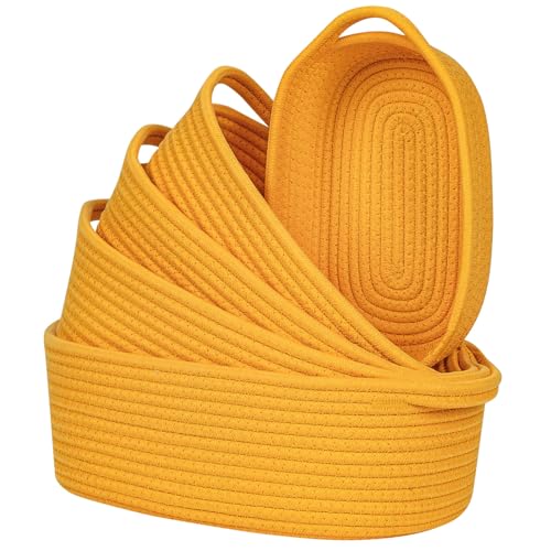 CubesLand Small Storage Basket Cotton Rope Organizer Baskets for Shelves | Set of 5 Decorative Closet Storage Bins with Handle for Countertop, Toilet Paper Basket for Toilet Tank Top, Yellow Basket - color: Yellow