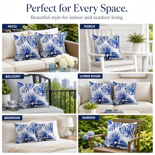 Outdoor Throw Pillows 18×18 Inch Waterproof Pillows with Inserts | Set of 2 Fade Resistant Patio Pillows for Porch Garden Couch and Patio Furniture - color: Blue-palm