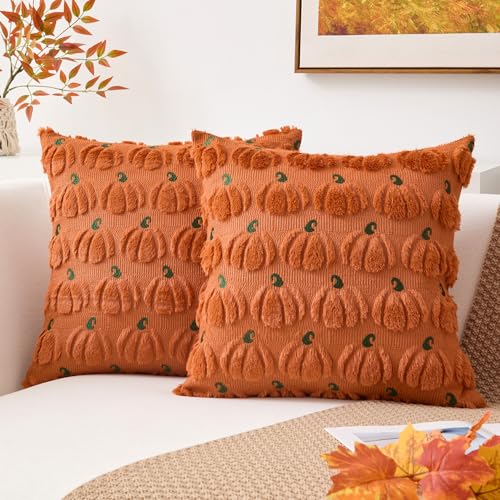 Kevin Textile Fall Pumpkins Pillow Covers 16x16 Inch Set of 2 Autumn Embroidery Decorative Square Pillowcases Soft Faux Fur Cushions Harvest Gift for Couch Sofa Chair Bedroom Halloween, Brown - color: Brown Pumpkin, size: 16" x 16" (Pack of 2)