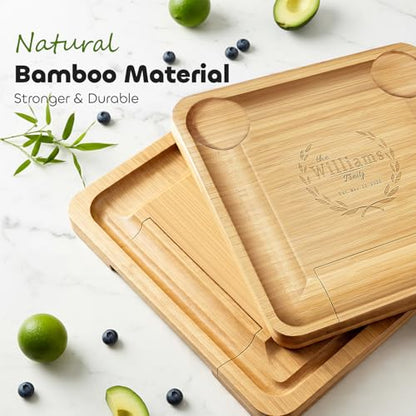 Personalized Charcuterie Board Set, Ideal Gift for Wedding, Housewarming, Holiday & Birthday, Natural Bamboo Cheese Board with Round Tray & Complete Knife Set