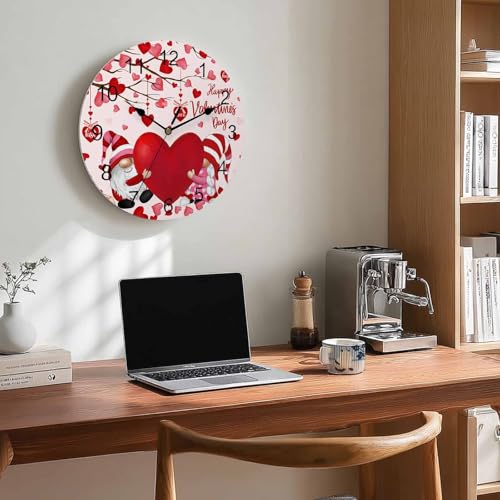 Happy Valentine's Day Silent PVC Wall Clock 12 Inch Gnomes Round Wall Clock Red Love Heart Tree Hanging Clock for Kitchen Non Ticking Battery Operated Living Room Pink Mute Clock - color: Gnomecbt5750, size: 12x12inch(30x30cm)