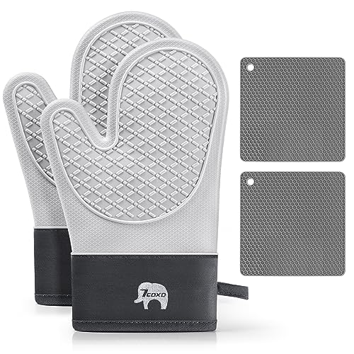 Oven Mitts and Pot Holders Sets, 2 Pack Extra Long, Heat Resistant 500°F | Heat Resistant Silicone Oven Mitt with Soft Cotton Lining, Flexible Gripping for BBQ, Baking, Cooking, Grilling, Kitchen
