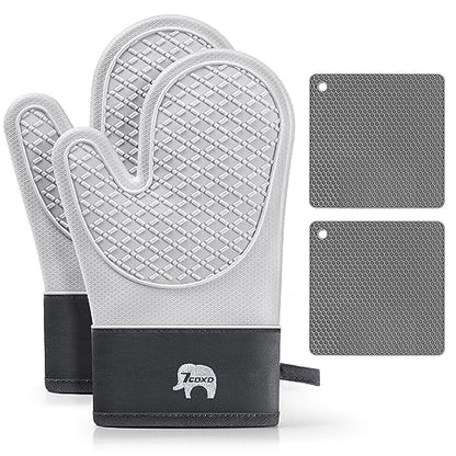 Oven Mitts and Pot Holders Sets, 2 Pack Extra Long, Heat Resistant 500°F | Heat Resistant Silicone Oven Mitt with Soft Cotton Lining, Flexible Gripping for BBQ, Baking, Cooking, Grilling, Kitchen
