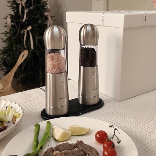 COSPRO Electric Salt and Pepper Grinder Set of 2 – Rechargeable Stainless Steel Mills with Qi-Wireless Charging Base | One-Hand Operation | Adjustable Coarseness | Easy Clean | Automatic Spice Grinder - size: Set of 2