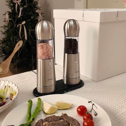 COSPRO Electric Salt and Pepper Grinder Set of 2 – Rechargeable Stainless Steel Mills with Qi-Wireless Charging Base | One-Hand Operation | Adjustable Coarseness | Easy Clean | Automatic Spice Grinder - size: Set of 2