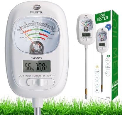 HSLGOVE Soil Test Kit, 7-in-One Soil Moisture Meter/Soil PH Meter/Fertility, Dual Screen Soil Tester w/Digital Soil Temp/Air Temp&Humidity for Plants Gardening,Lawn,Farm Indoor&Outdoor-Lvory White