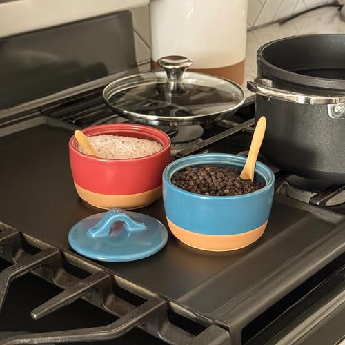 Mora Ceramic Salt and Pepper Cellar Set with Lid - 10 oz Modern Canister/Container/Bowl for Storage, Sea Salt, Spice, Sugar, Countertop - Small Dish/Jar with Wood Spoon, Azure Blue & Crimson Red Crock - color: Azure Blue & Crimson Red