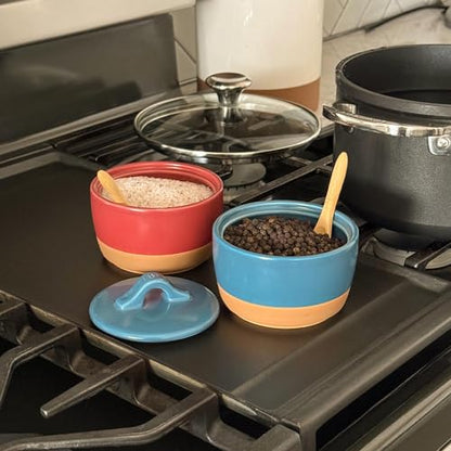 Mora Ceramic Salt and Pepper Cellar Set with Lid - 10 oz Modern Canister/Container/Bowl for Storage, Sea Salt, Spice, Sugar, Countertop - Small Dish/Jar with Wood Spoon, Azure Blue & Crimson Red Crock - color: Azure Blue & Crimson Red