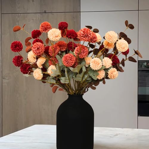 RyddeligHome Fall Flowers, Burnt Orange Faux Kiku Flowers Artificial 10 Stems + Eucalyptus, Fake Red Orange Mums Floral Centerpiece, Terracotta Mini Balls Faux Stems for Vase, Decoración de Otoño - color: Mixed Orange