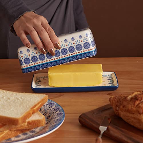 Bico Blue Talavera Ceramic Butter Dish with Lid, Wide Butter Keeper for Counter, Kitchen Countertop, Microwave and Dishwasher Safe - color: Blue Talavera