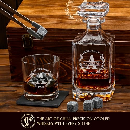 Personalized Old Fashioned Whiskey Decanter and Stones Set | Customized Gift for Him - Men, Dad, Father - Engraved Decanter, Glasses, 9 Granite Stones, Coasters, Tongs, Gift Wooden Box