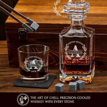 Personalized Old Fashioned Whiskey Decanter and Stones Set | Customized Gift for Him - Men, Dad, Father - Engraved Decanter, Glasses, 9 Granite Stones, Coasters, Tongs, Gift Wooden Box