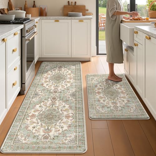 Boho Kitchen Mats for Floor 2 Piece Set Anti Fatigue Cushioned PVC Kitchen Rugs Non Slip Waterproof Farmhouse Mats 2/5 Inch Comfort Standing Mat for Laundry, 23.6"x39"+23.6"x59", Green Orange Beige - color: Green Orange Beige, size: 23.6"x39"+23.6"x59"
